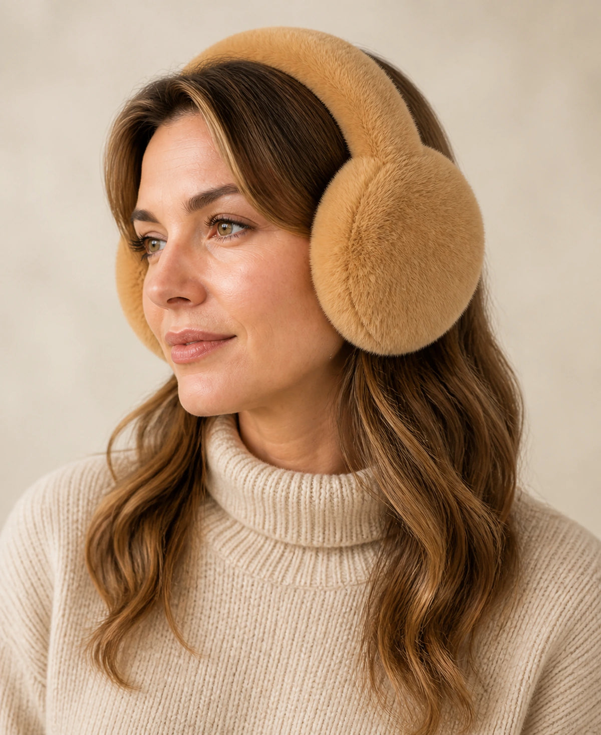 Genuine Rex Rabbit Fur Earmuffs - Adjustable Double-Sided Warmth – Color: Camel on-model lifestyle image