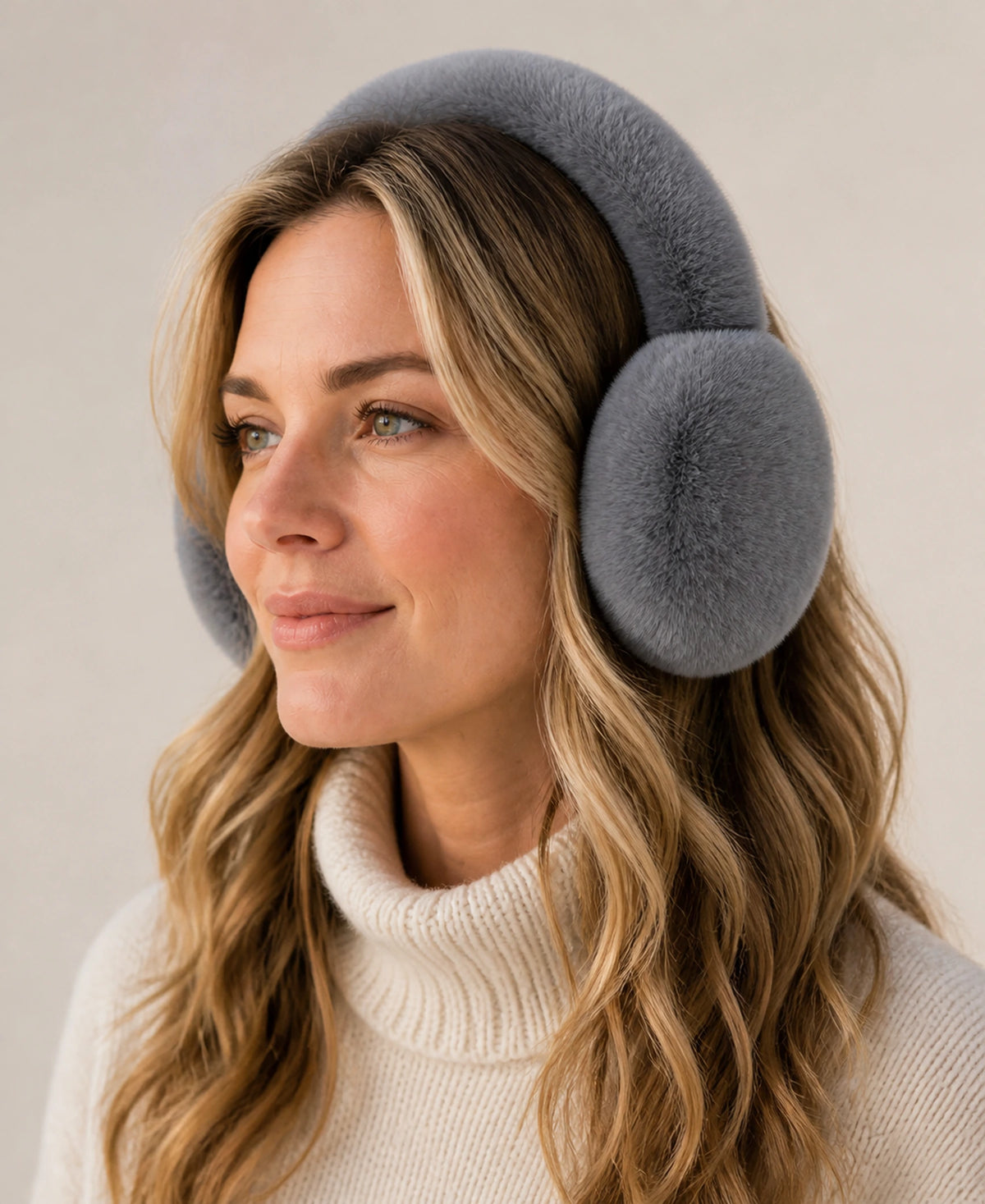 Genuine Rex Rabbit Fur Earmuffs - Adjustable Double-Sided Warmth – Color: Charcoal Gray on-model lifestyle image