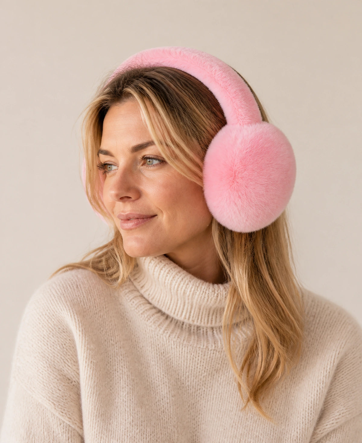 Genuine Rex Rabbit Fur Earmuffs - Adjustable Double-Sided Warmth – Color: Classic Pink on-model lifestyle image