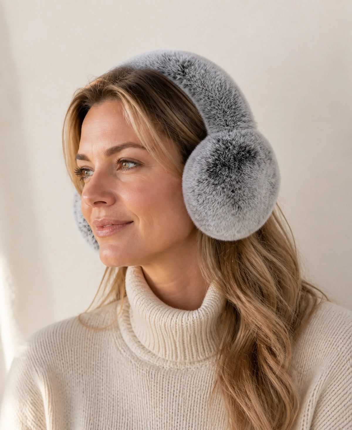 Genuine Rex Rabbit Fur Earmuffs - Adjustable Double-Sided Warmth – Color: Frosted Gray on-model lifestyle image