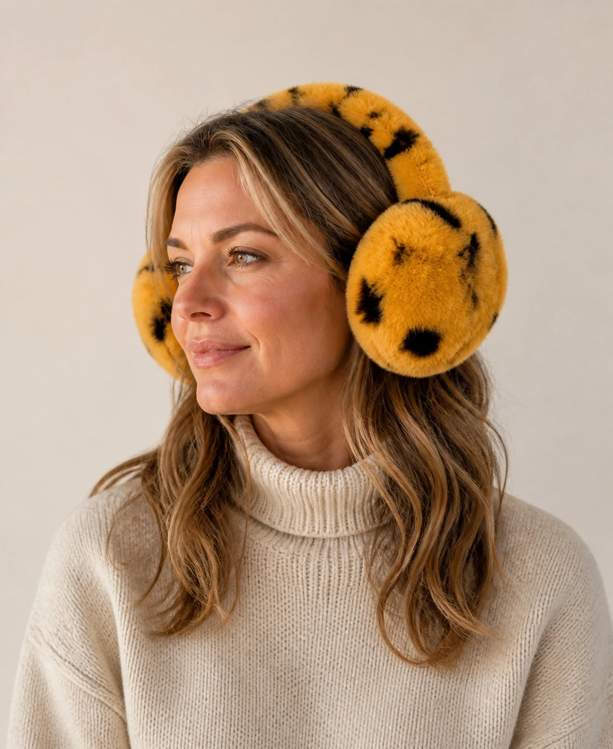 Genuine Rex Rabbit Fur Earmuffs - Adjustable Double-Sided Warmth – Color: Golden Leopard on-model lifestyle image