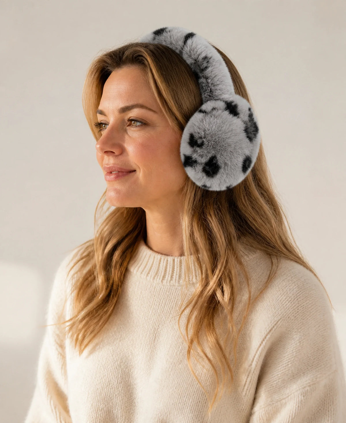 Genuine Rex Rabbit Fur Earmuffs - Adjustable Double-Sided Warmth – Color: Gray Leopard on-model lifestyle image