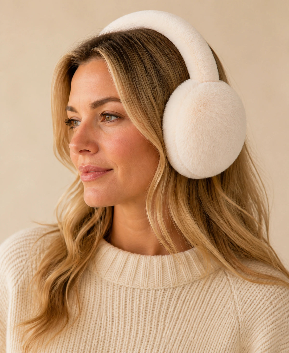 Genuine Rex Rabbit Fur Earmuffs - Adjustable Double-Sided Warmth – Color: Ivory White on-model lifestyle image
