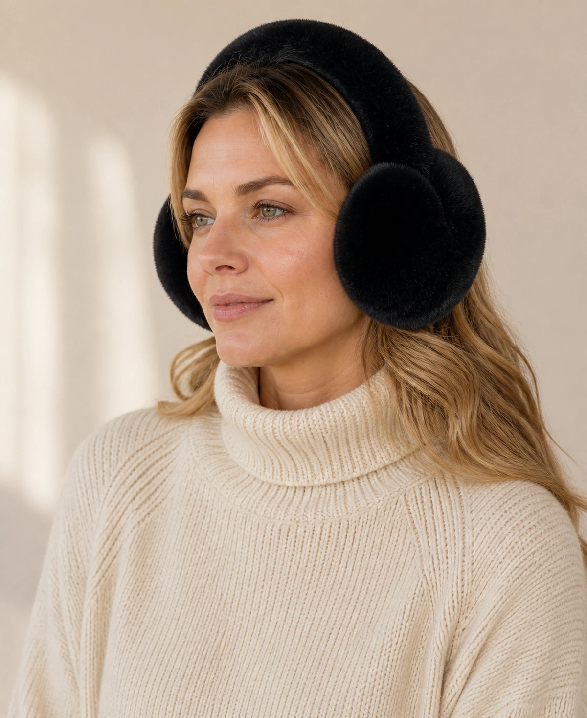 Genuine Rex Rabbit Fur Earmuffs - Adjustable Double-Sided Warmth – Color: Natural Black on-model lifestyle image