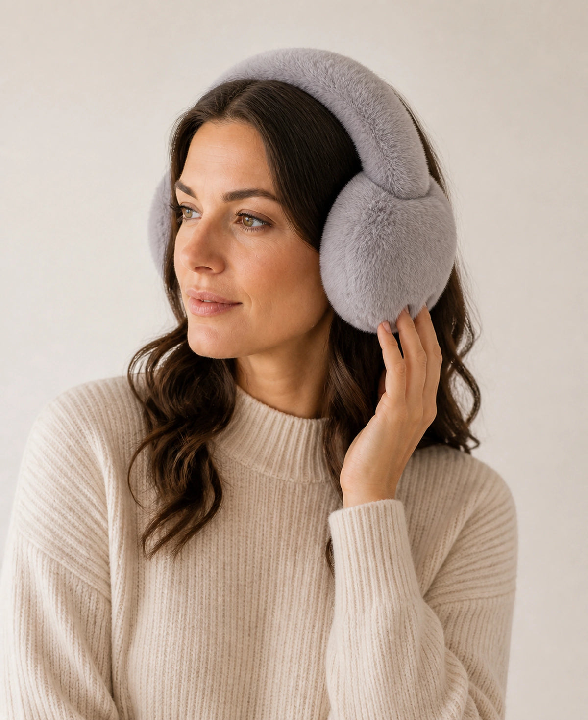 Genuine Rex Rabbit Fur Earmuffs - Adjustable Double-Sided Warmth – Color: Silver Gray on-model lifestyle image