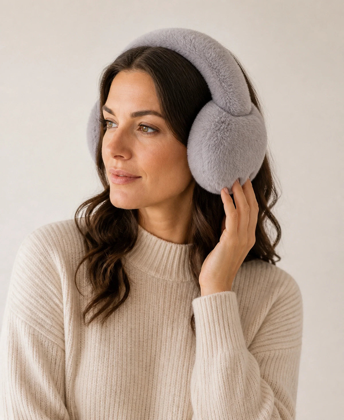 Genuine Rex Rabbit Fur Earmuffs - Adjustable Double-Sided Warmth – Color: Silver Gray on-model lifestyle image