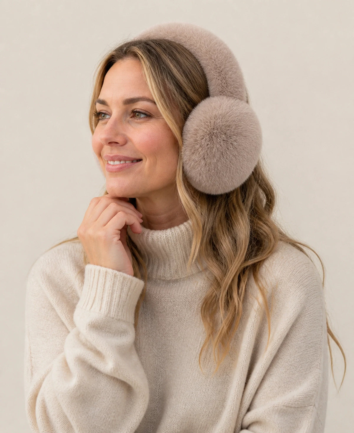 Genuine Rex Rabbit Fur Earmuffs - Adjustable Double-Sided Warmth – Color: Taupe on-model lifestyle image