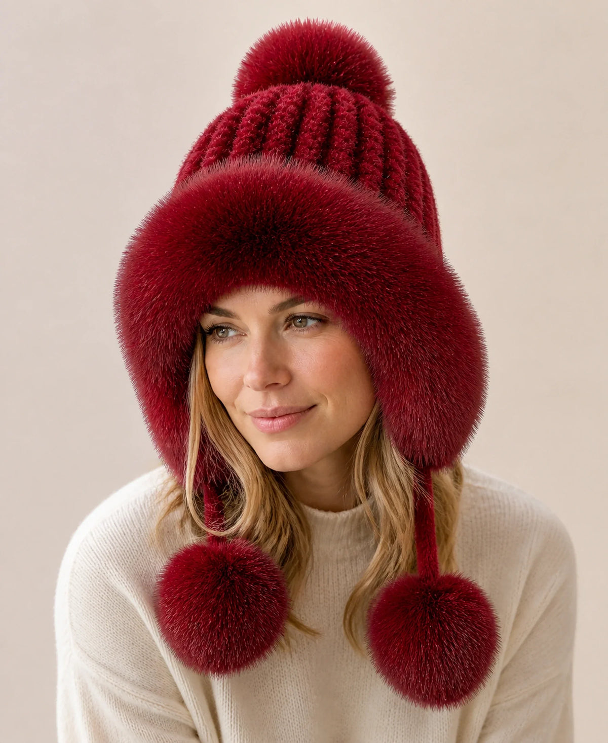Women's Genuine Mink & Fox Fur Earflap Hat - Knitted Winter Trapper – Color: Burgundy on-model lifestyle image