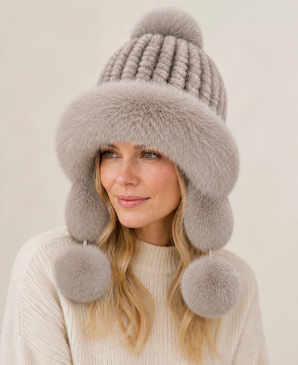 Women's Genuine Mink & Fox Fur Earflap Hat - Knitted Winter Trapper – Color: Cross Mink on-model lifestyle image