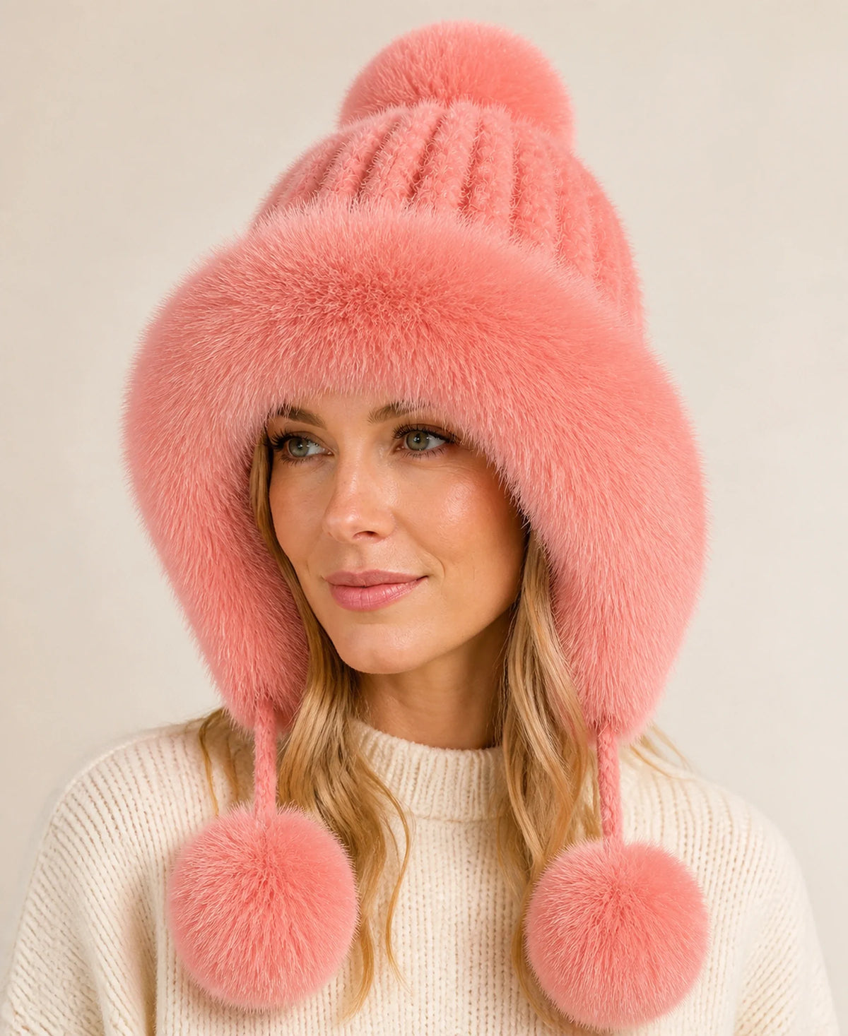 Women's Genuine Mink & Fox Fur Earflap Hat - Knitted Winter Trapper – Color: Dusty Rose on-model lifestyle image