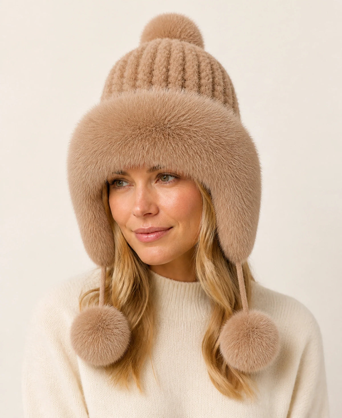 Women's Genuine Mink & Fox Fur Earflap Hat - Knitted Winter Trapper – Color: Light Taupe on-model lifestyle image