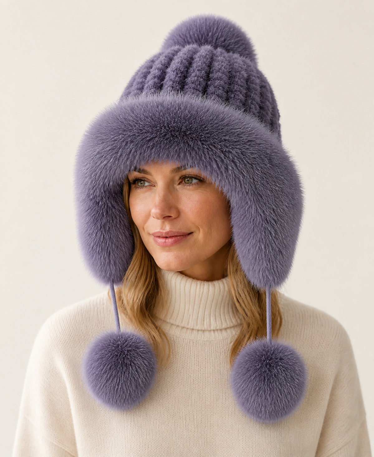Women's Genuine Mink & Fox Fur Earflap Hat - Knitted Winter Trapper – Color: Midnight Navy on-model lifestyle image