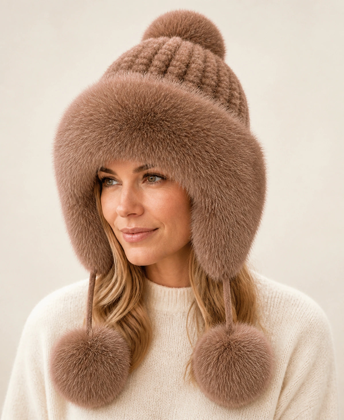 Women's Genuine Mink & Fox Fur Earflap Hat - Knitted Winter Trapper – Color: Mocha Brown on-model lifestyle image