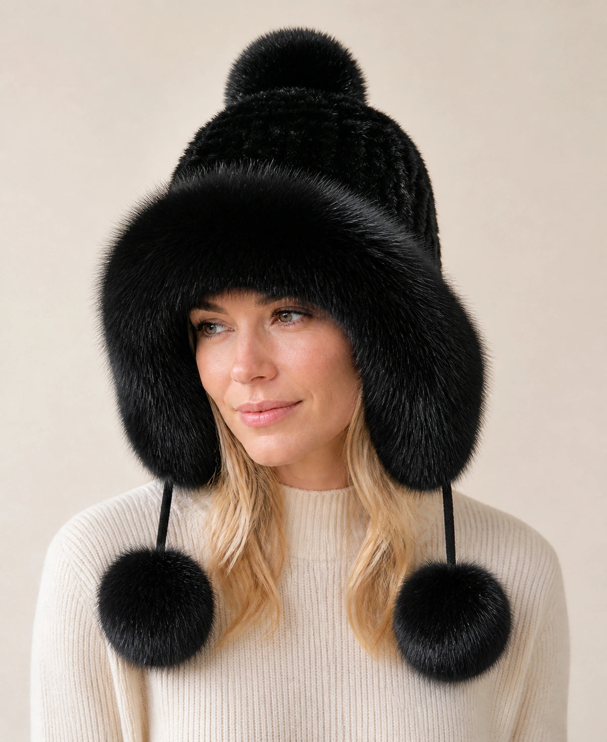 Women's Genuine Mink & Fox Fur Earflap Hat - Knitted Winter Trapper – Color: Natural Black on-model lifestyle image
