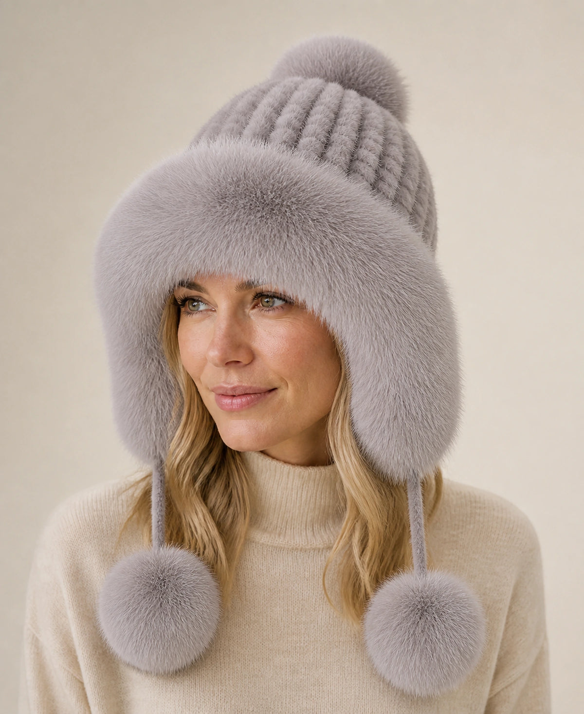 Women's Genuine Mink & Fox Fur Earflap Hat - Knitted Winter Trapper – Color: Silver Gray on-model lifestyle image