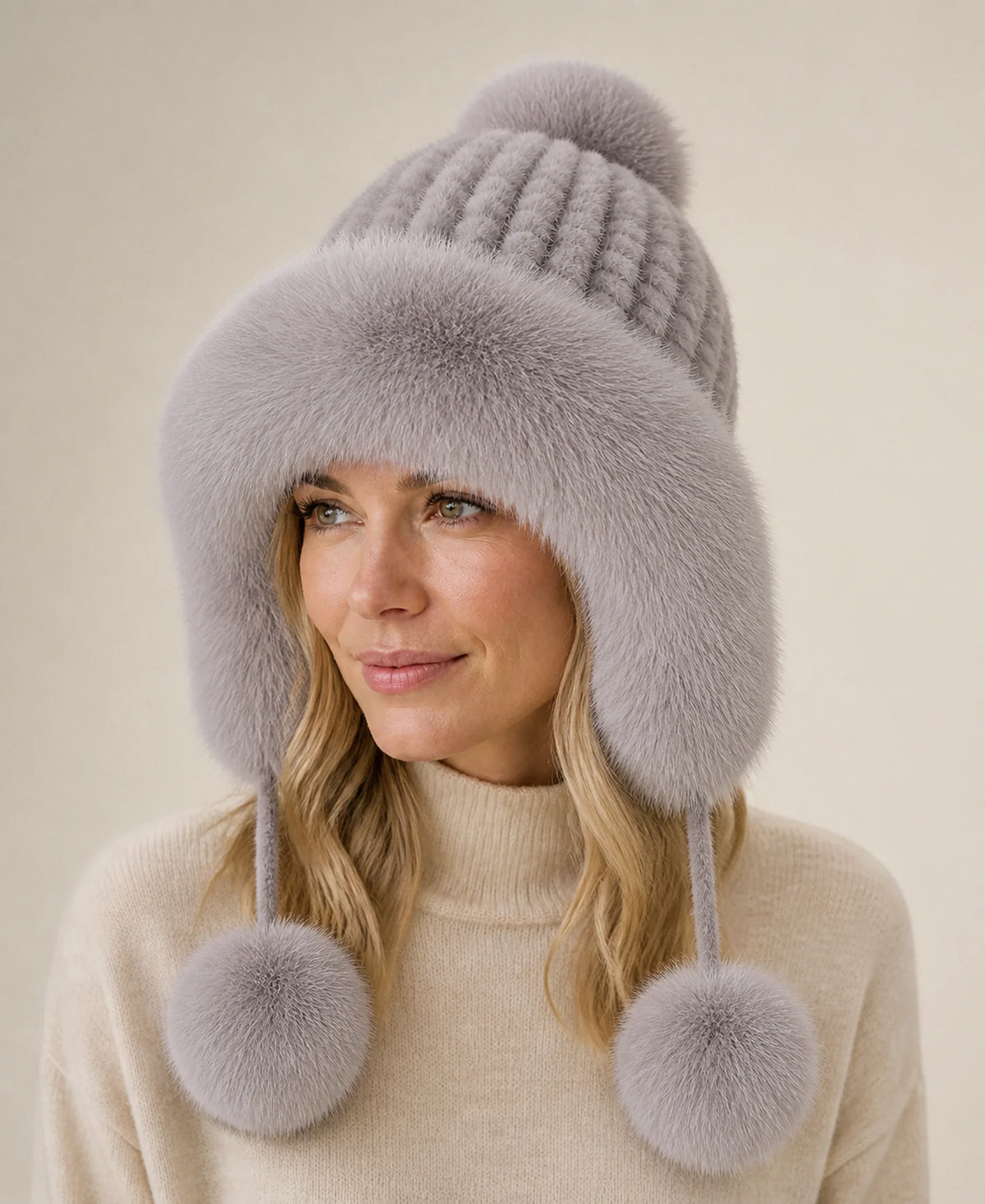 Women's Genuine Mink & Fox Fur Earflap Hat - Knitted Winter Trapper – Color: Silver Gray on-model lifestyle image