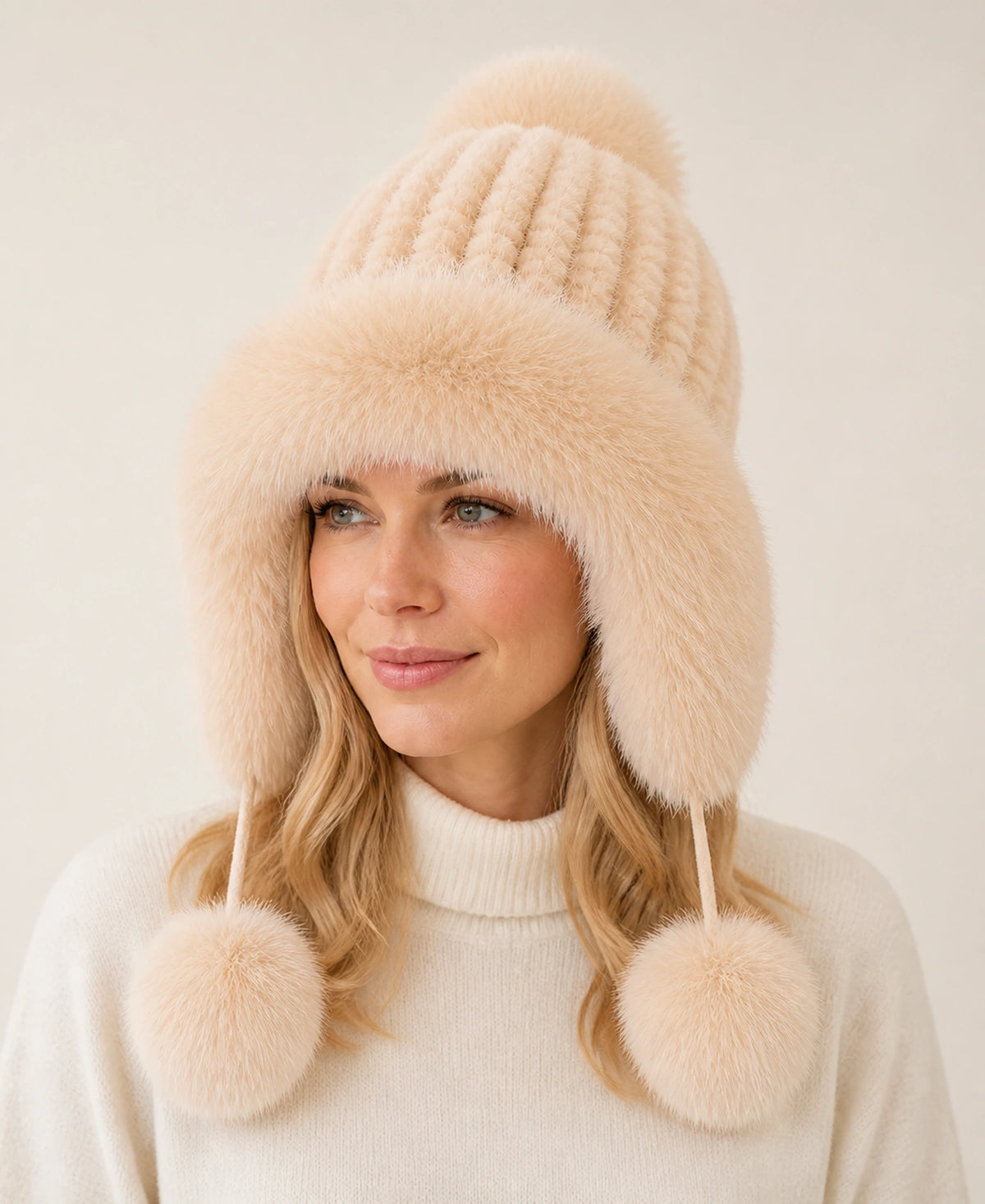 Women's Genuine Mink & Fox Fur Earflap Hat - Knitted Winter Trapper – Color: Soft Ivory on-model lifestyle image