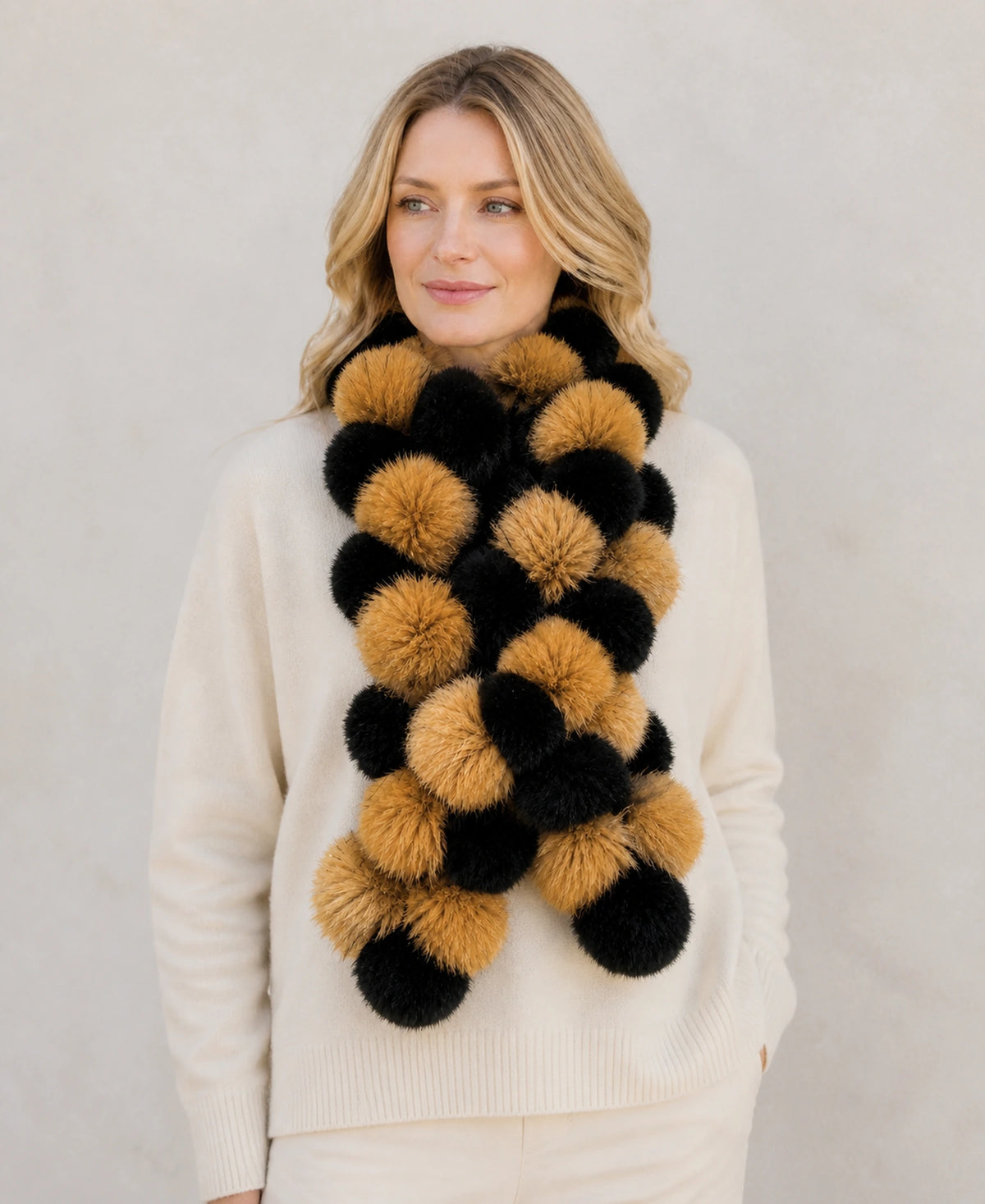 Genuine Rex Rabbit & Asiatic Raccoon Fur Cross Scarf – Color: Amber & Natural Black on-model lifestyle image