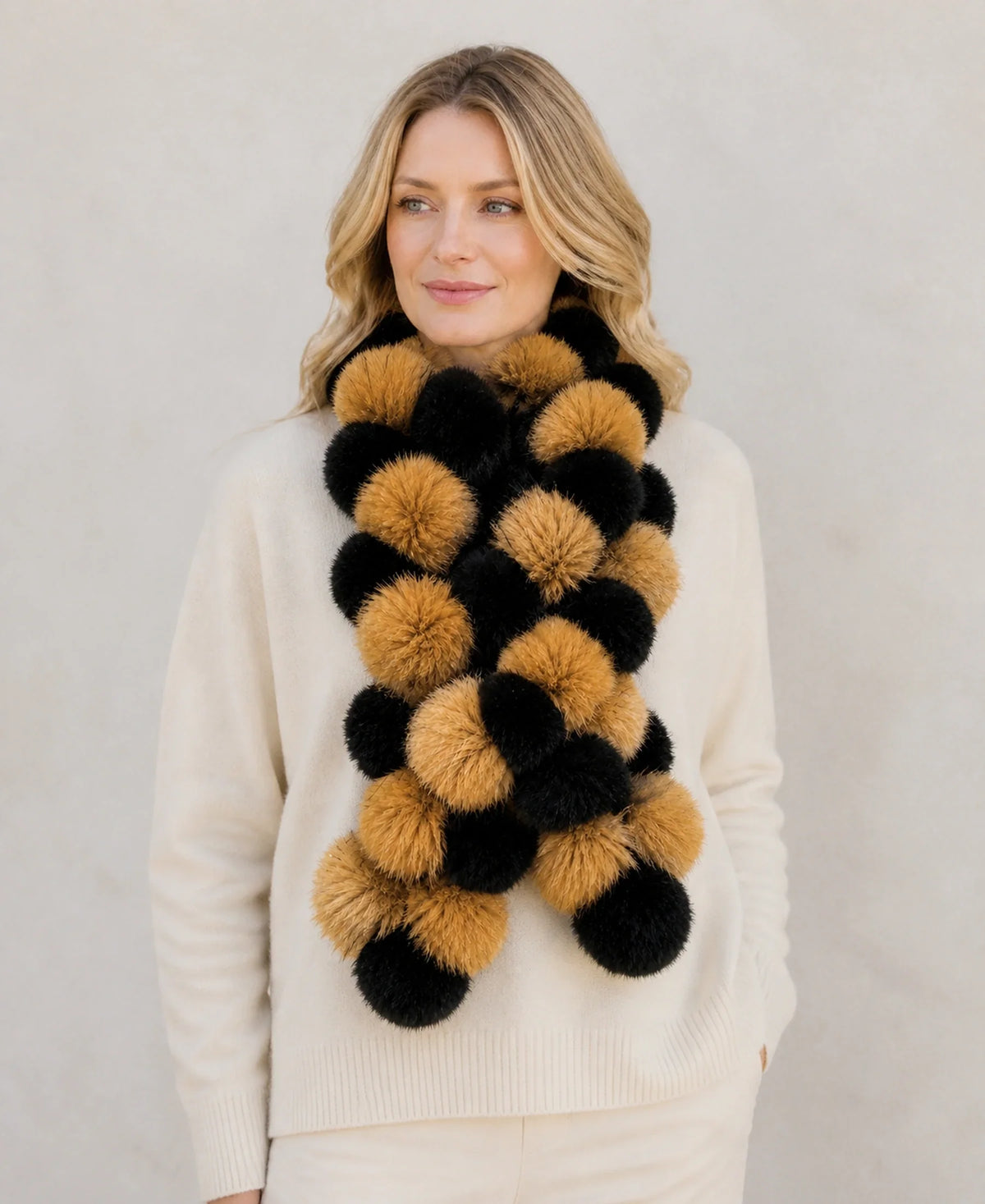 Genuine Rex Rabbit & Asiatic Raccoon Fur Cross Scarf – Color: Amber & Natural Black on-model lifestyle image