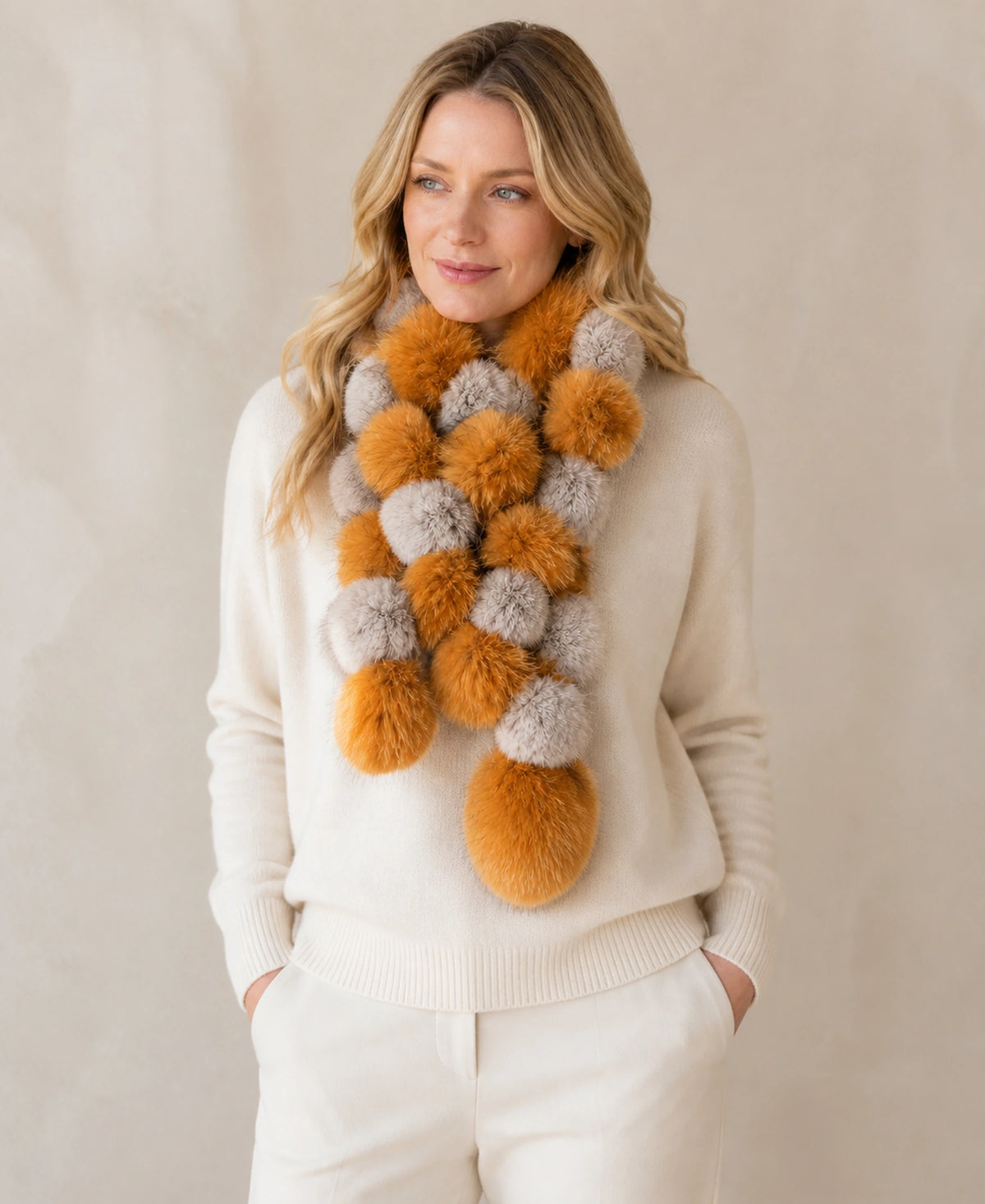 Genuine Rex Rabbit & Asiatic Raccoon Fur Cross Scarf – Color: Amber & Raccoon Gray on-model lifestyle image