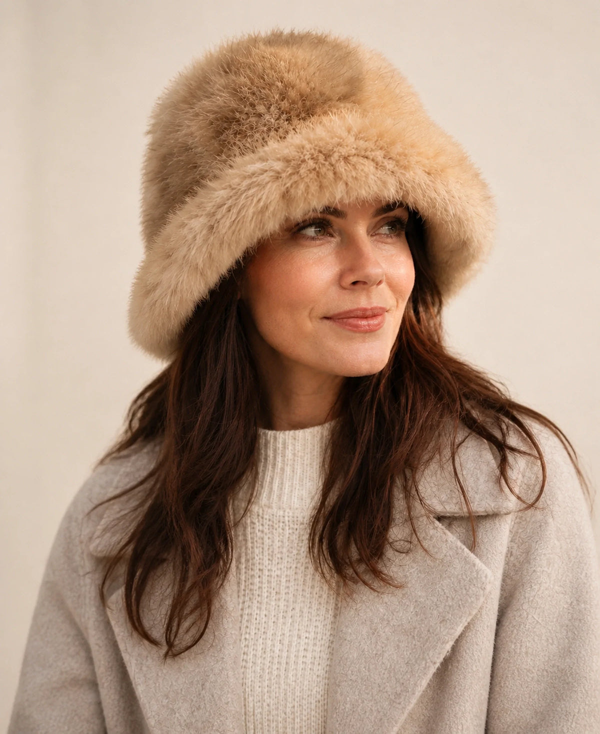 Genuine Sable Fur Bucket Hat - Light Brown Winter Hat – Color: Light Sable Brown on-model lifestyle image