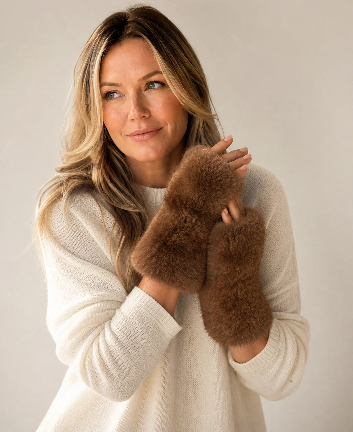 Women's Genuine Sable Fur Fingerless Gloves - Long Winter Cuffs – Color: Dark Natural Brown on-model lifestyle image