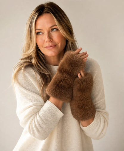Women's Genuine Sable Fur Fingerless Gloves - Long Winter Cuffs – Color: Dark Natural Brown on-model lifestyle image