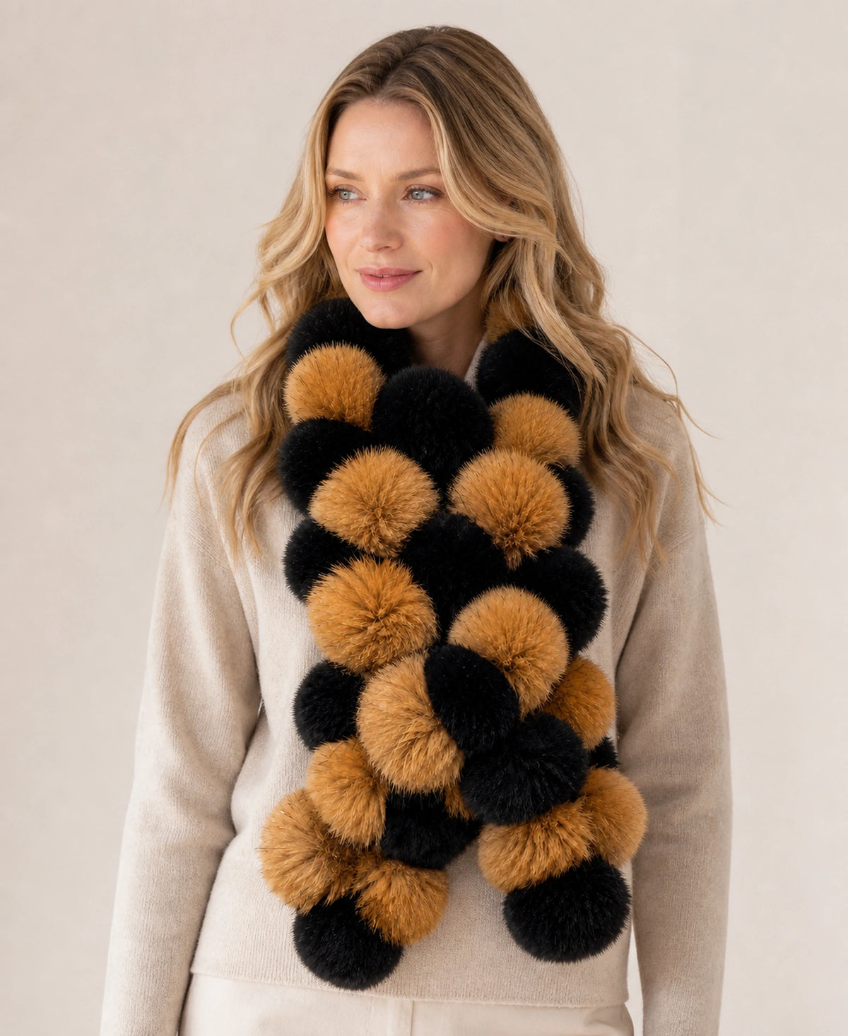 Genuine Rex Rabbit & Asiatic Raccoon Fur Pull-Through Scarf – Color: Amber & Natural Black on-model lifestyle image