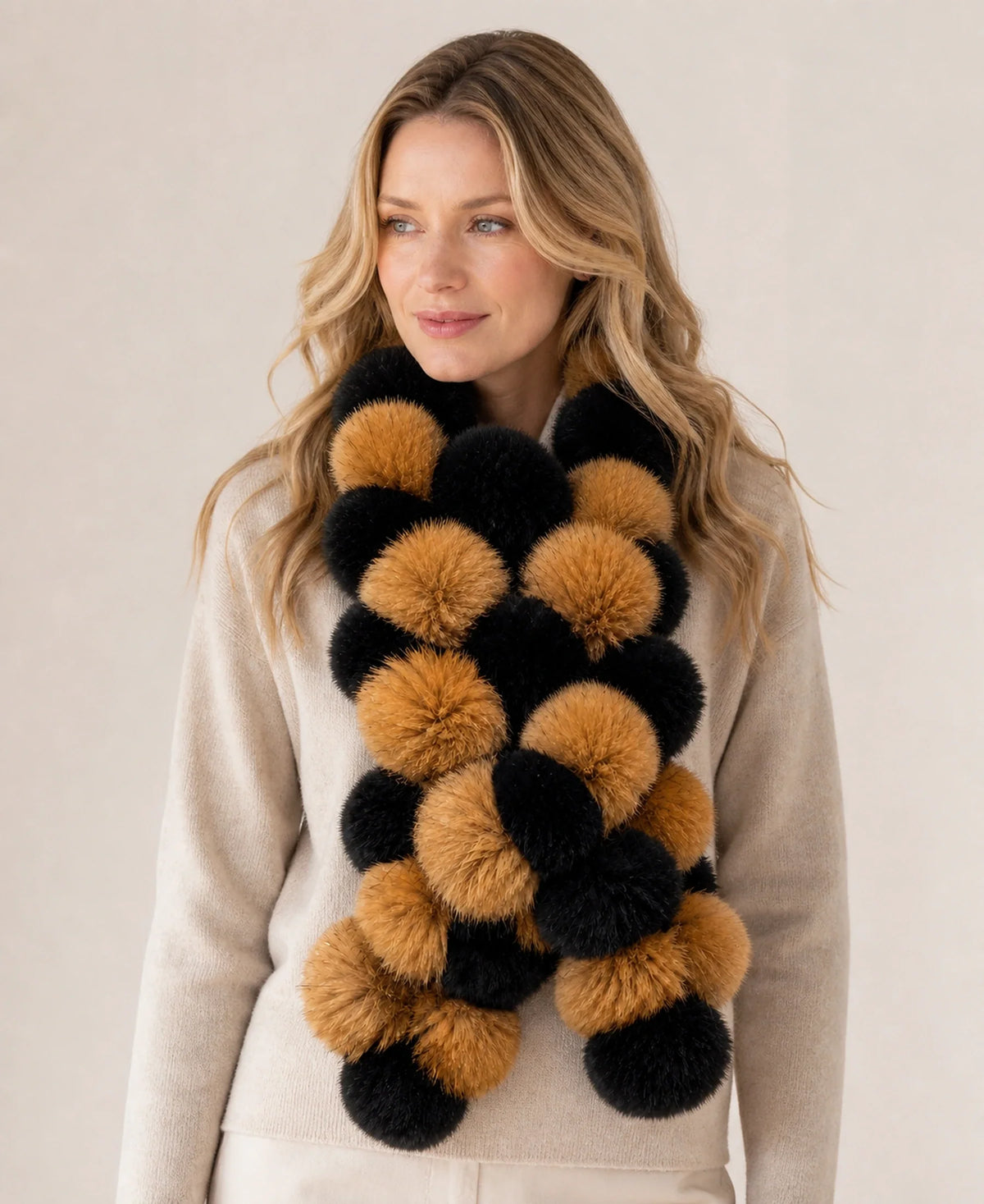 Genuine Rex Rabbit & Asiatic Raccoon Fur Pull-Through Scarf – Color: Amber & Natural Black on-model lifestyle image
