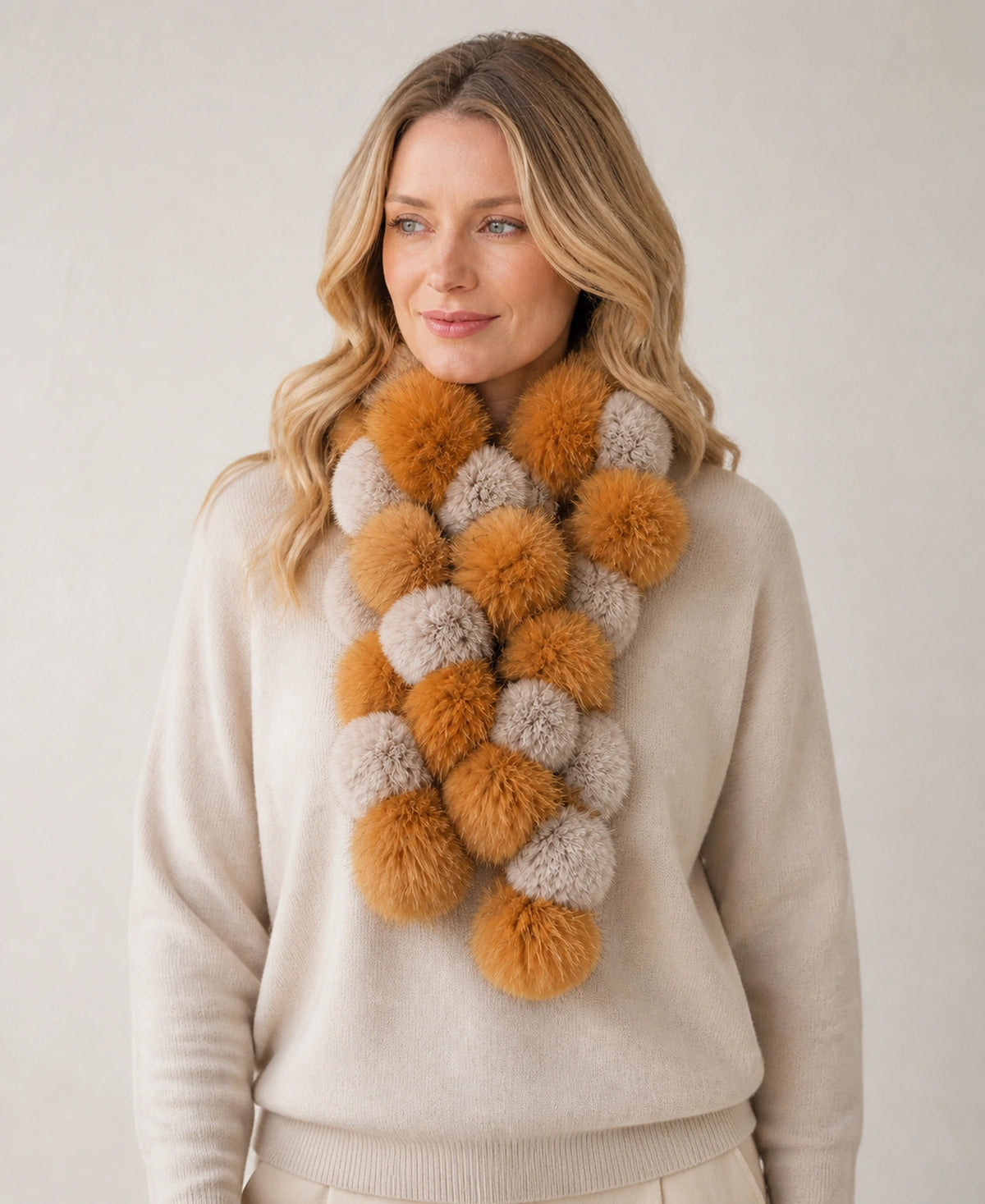 Genuine Rex Rabbit & Asiatic Raccoon Fur Pull-Through Scarf – Color: Amber & Raccoon Gray on-model lifestyle image