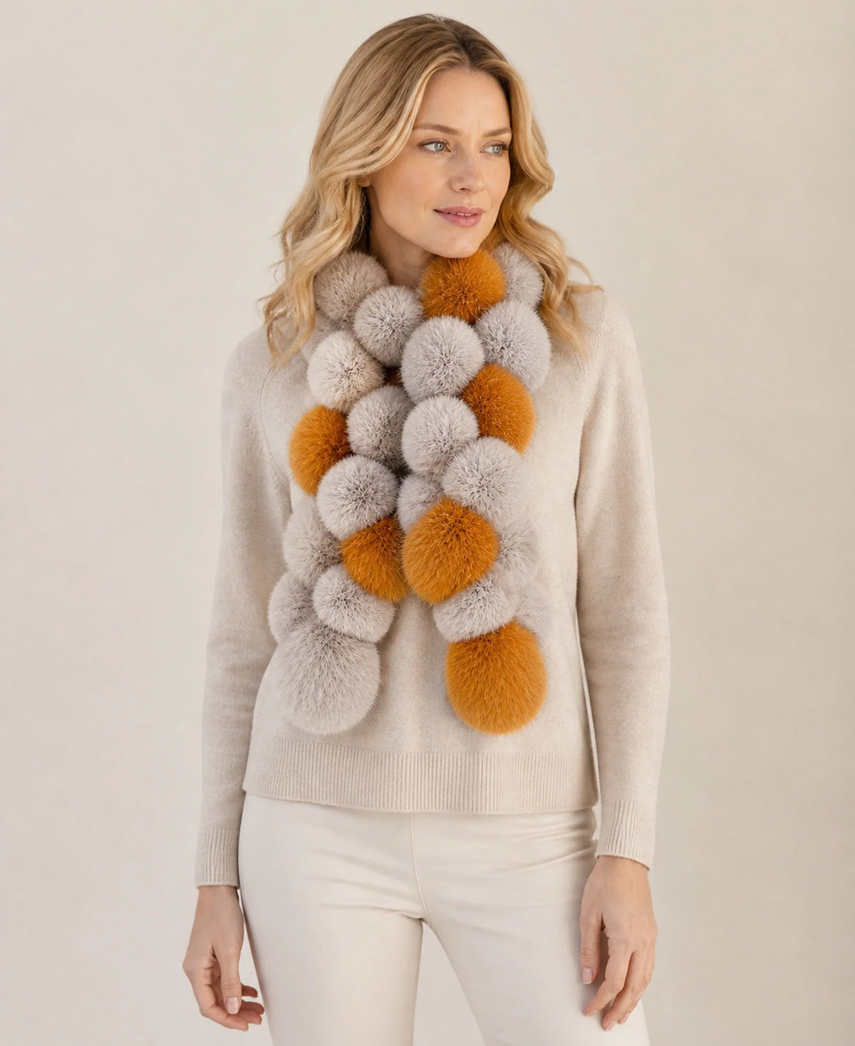 Genuine Rex Rabbit & Asiatic Raccoon Fur Pull-Through Scarf – Color: Raccoon Gray & Amber on-model lifestyle image