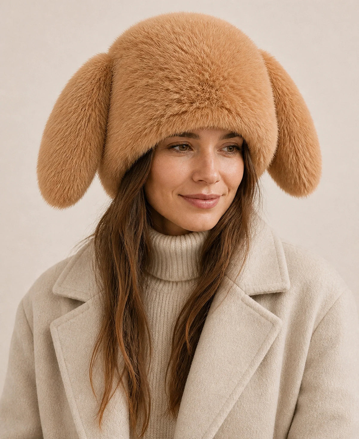 Genuine Rabbit Fur Bunny Ear Hat - Plush Winter Earflap Hat – Color: Camel on-model lifestyle image