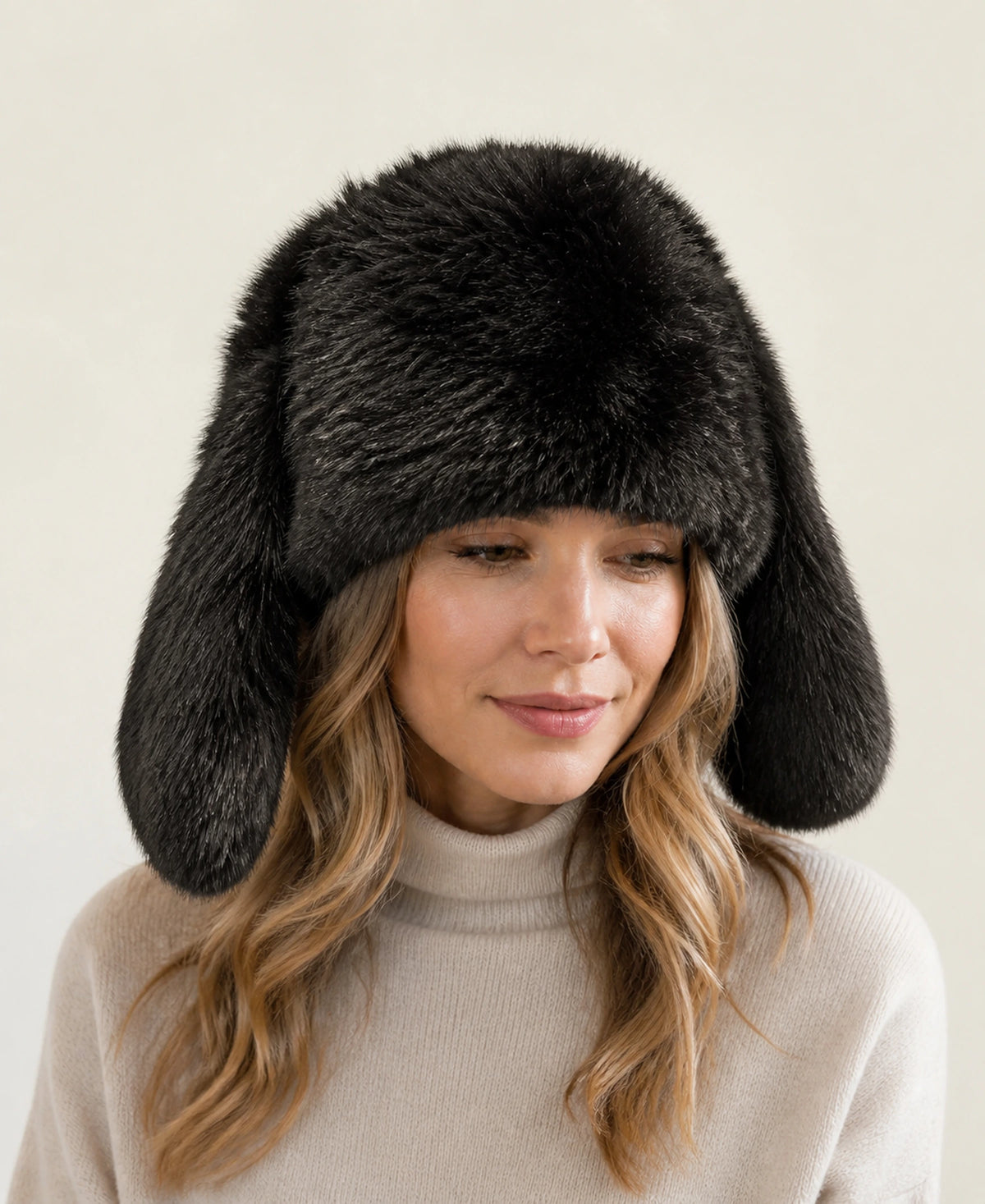 Genuine Rabbit Fur Bunny Ear Hat - Plush Winter Earflap Hat – Color: Natural Black on-model lifestyle image