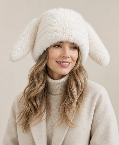 Genuine Rabbit Fur Bunny Ear Hat - Plush Winter Earflap Hat – Color: Natural White on-model lifestyle image