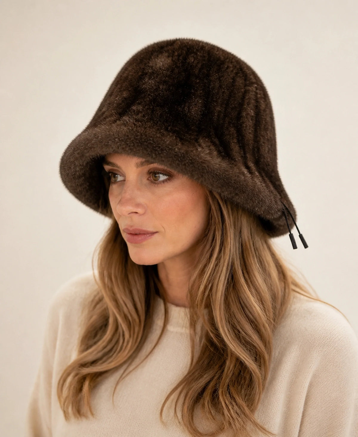 Women's Genuine Mink Fur Bucket Hat - Adjustable Winter Cloche – Color: Dark Brown on-model lifestyle image