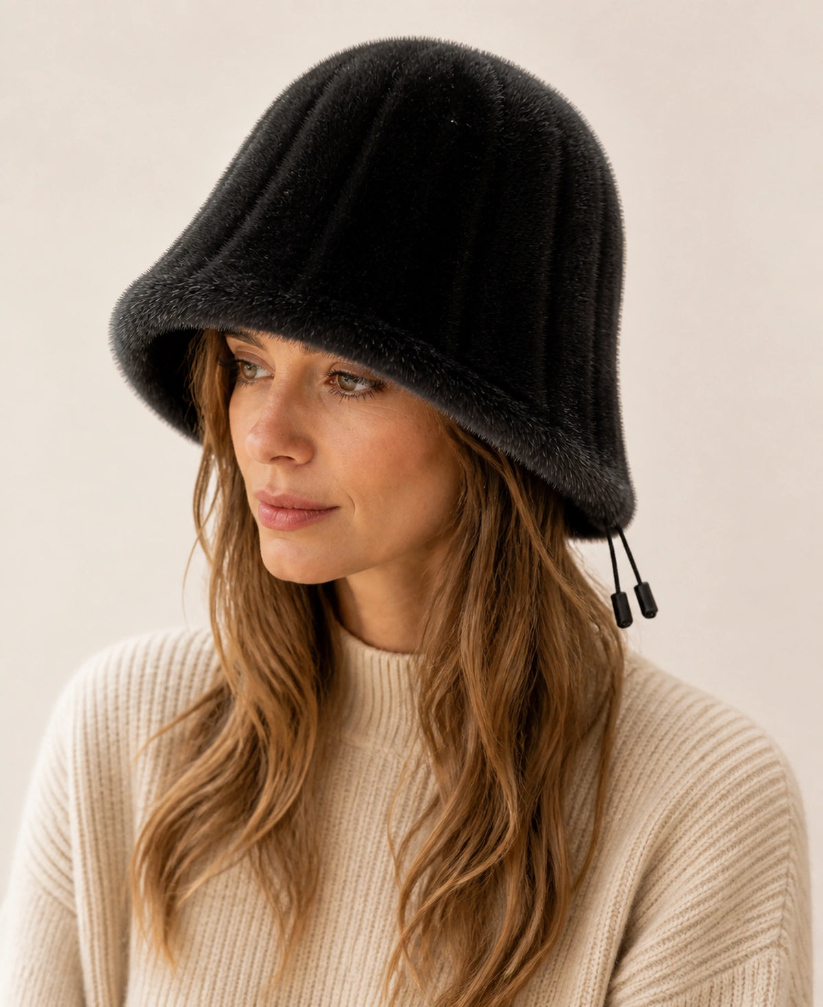 Women's Genuine Mink Fur Bucket Hat - Adjustable Winter Cloche – Color: Natural Black on-model lifestyle image