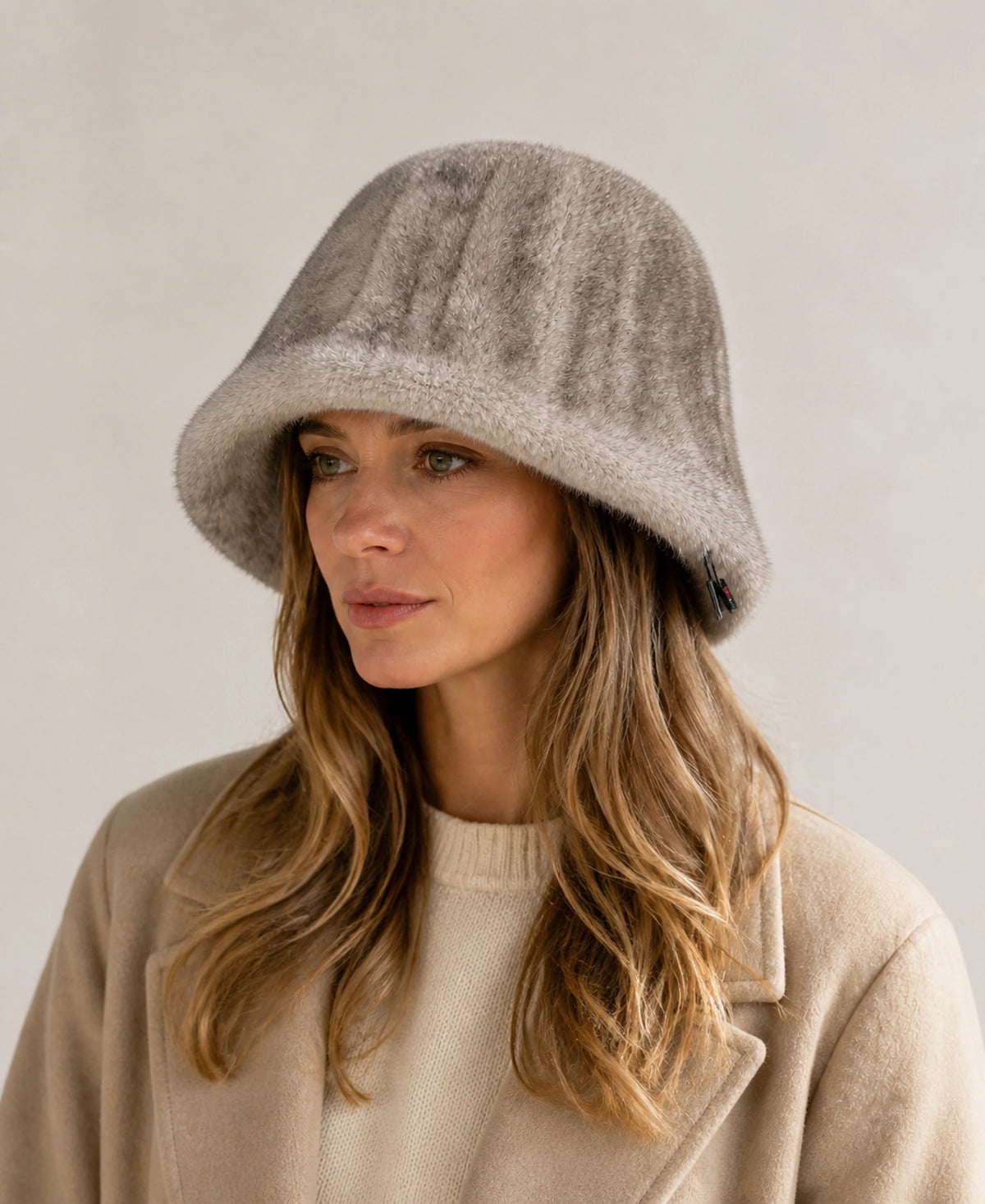 Women's Genuine Mink Fur Bucket Hat - Adjustable Winter Cloche – Color: Silver Gray on-model lifestyle image