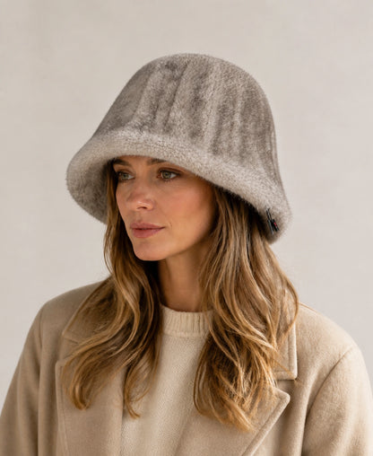 Women's Genuine Mink Fur Bucket Hat - Adjustable Winter Cloche – Color: Silver Gray on-model lifestyle image