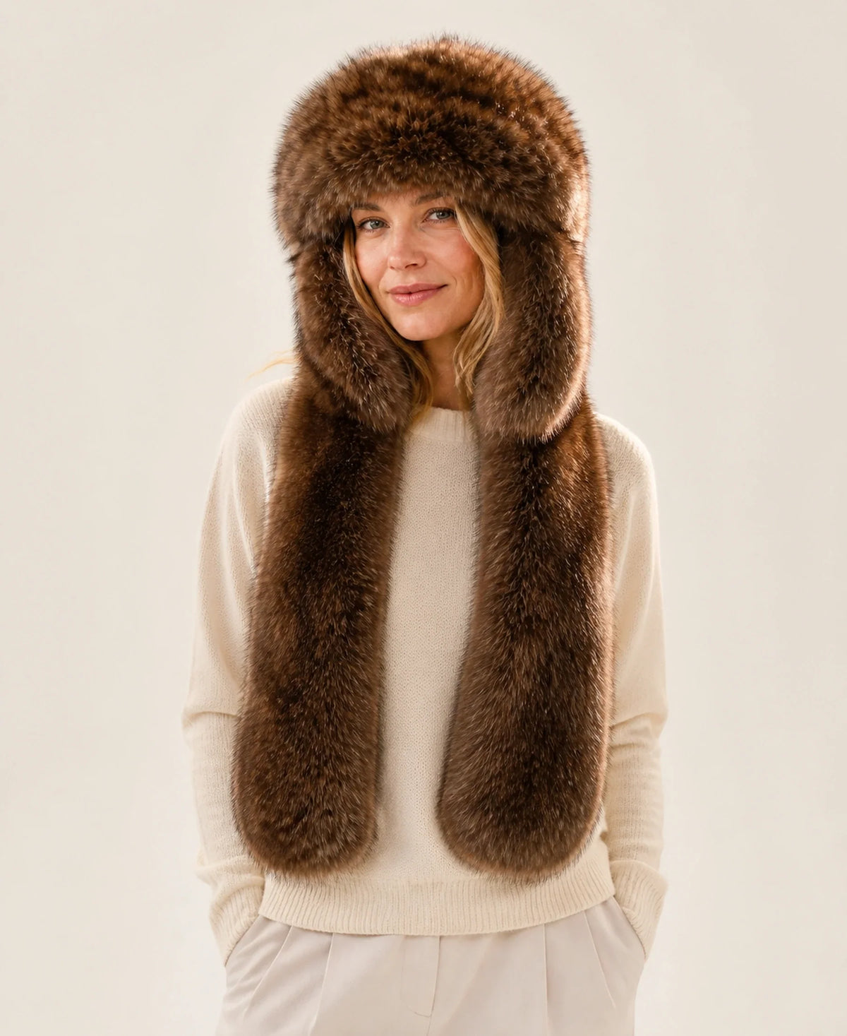 Genuine Sable Fur Trapper Hat - Integrated Scarf Hood – Color: Deep Sable Brown on-model lifestyle image