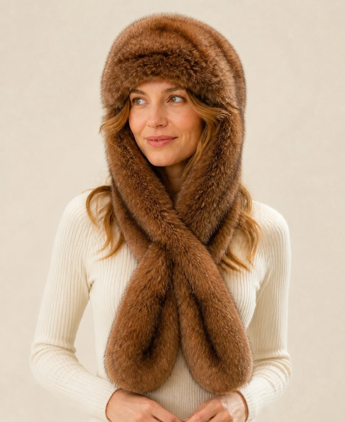 Genuine Sable Fur Trapper Hat - Integrated Scarf Hood – Color: Light Sable Brown on-model lifestyle image