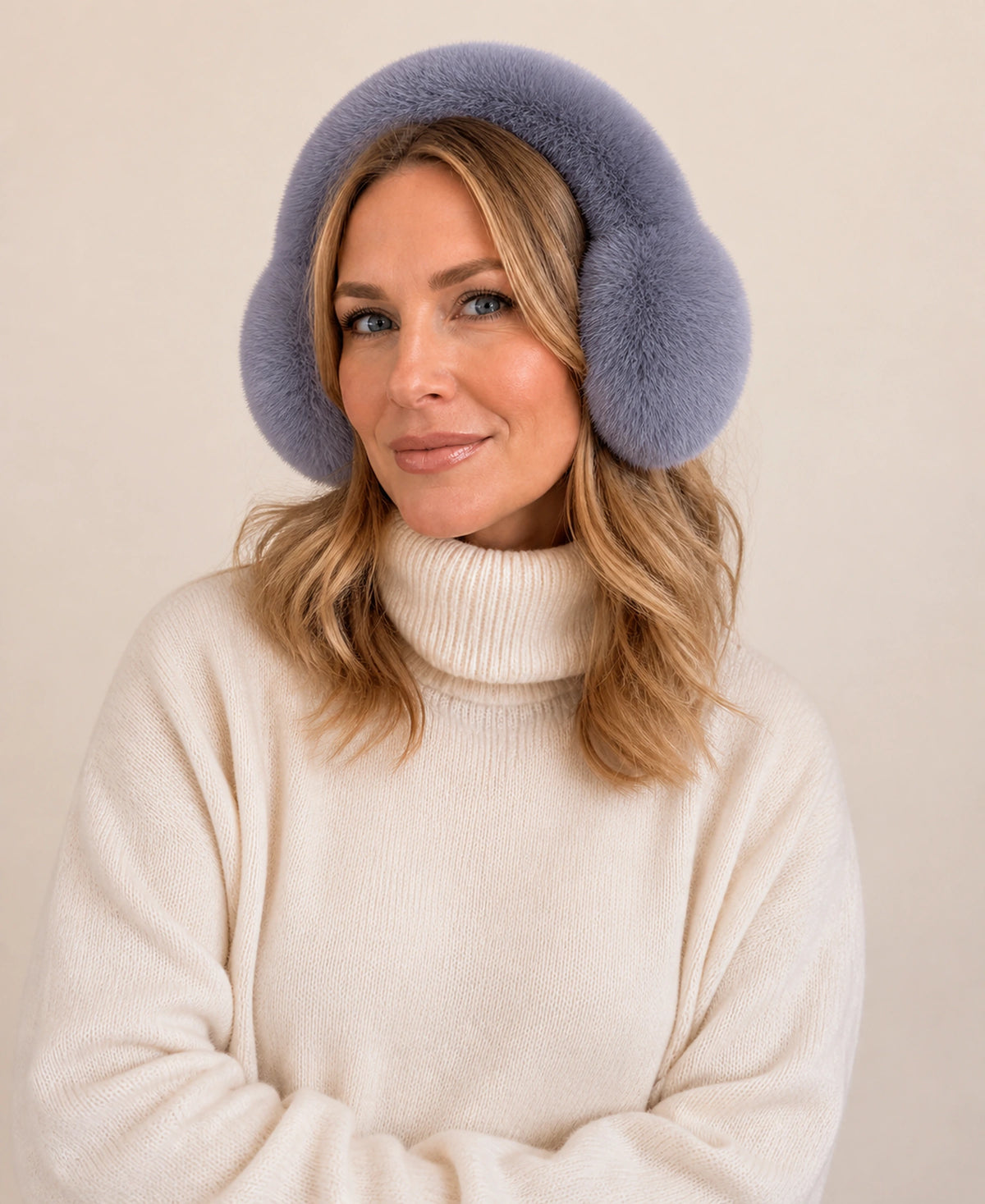 Women's Genuine Fox Fur Earmuffs - Plush Concealed Headband – Color: Blue Fox Gray on-model lifestyle image