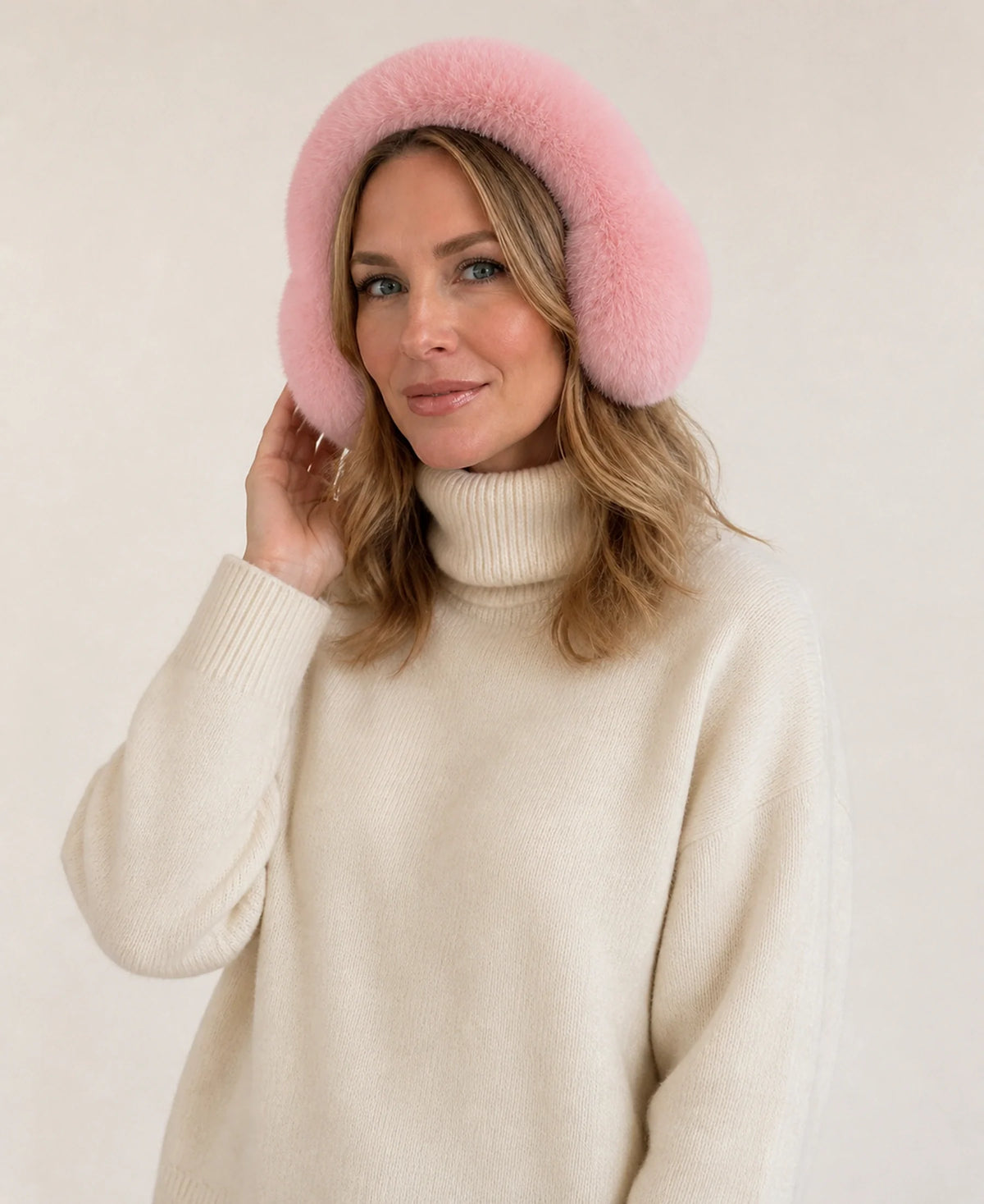 Women's Genuine Fox Fur Earmuffs - Plush Concealed Headband – Color: Blush Pink on-model lifestyle image