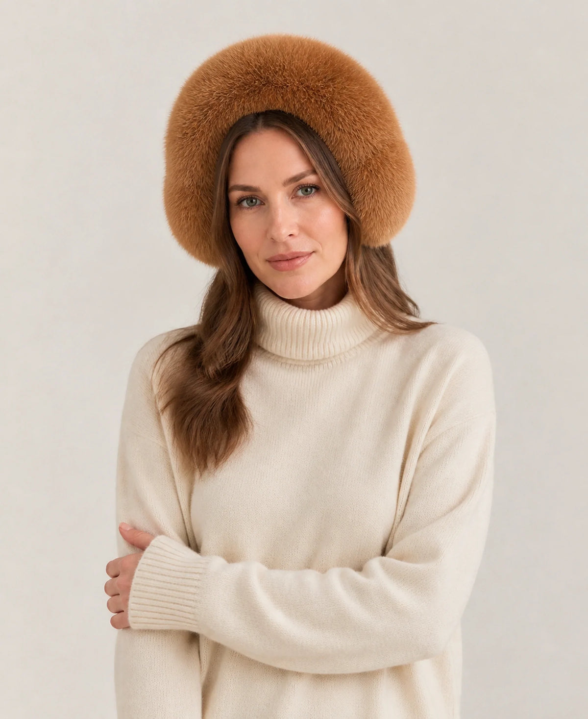 Women's Genuine Fox Fur Earmuffs - Plush Concealed Headband – Color: Caramel Brown on-model lifestyle image