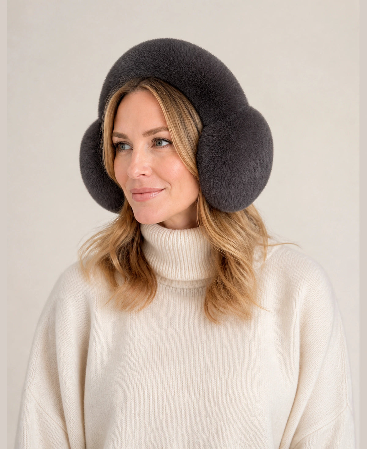 Women's Genuine Fox Fur Earmuffs - Plush Concealed Headband – Color: Charcoal Gray on-model lifestyle image