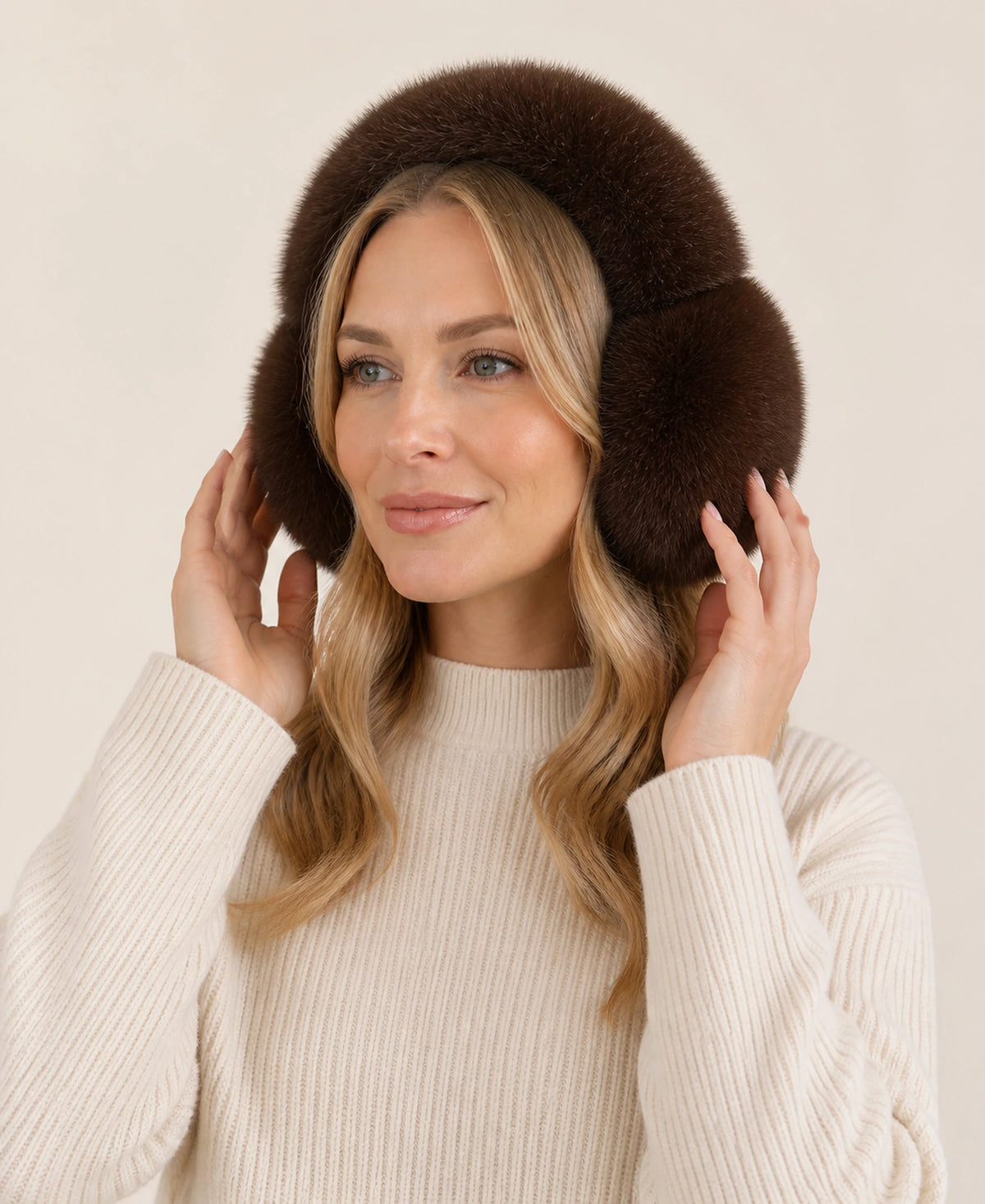 Women's Genuine Fox Fur Earmuffs - Plush Concealed Headband – Color: Dark Brown on-model lifestyle image