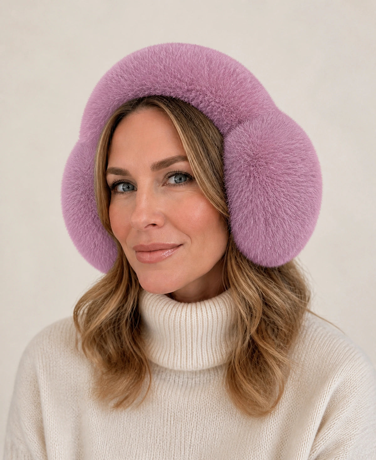 Women's Genuine Fox Fur Earmuffs - Plush Concealed Headband – Color: Dusty Mauve on-model lifestyle image
