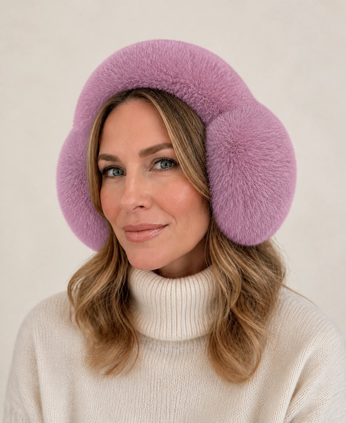 Women's Genuine Fox Fur Earmuffs - Plush Concealed Headband – Color: Dusty Mauve on-model lifestyle image