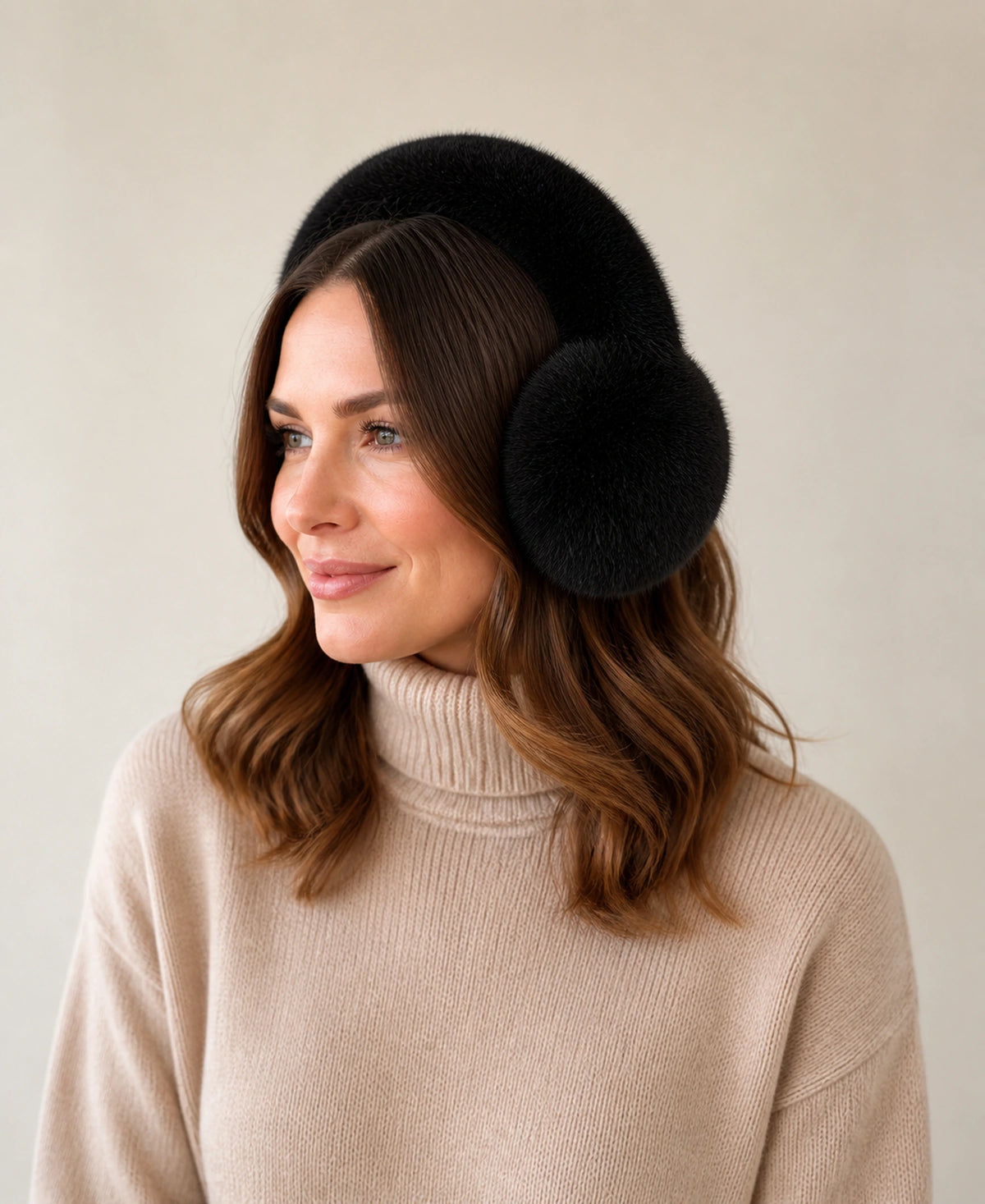 Women's Genuine Fox Fur Earmuffs - Plush Concealed Headband – Color: Frosted Black on-model lifestyle image