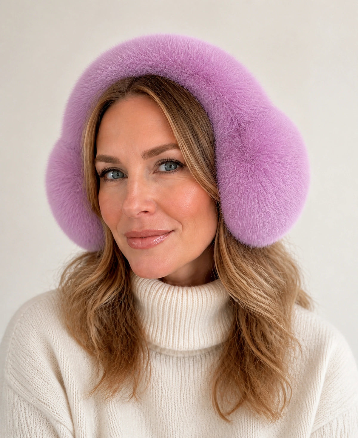 Women's Genuine Fox Fur Earmuffs - Plush Concealed Headband – Color: Lotus Mauve on-model lifestyle image