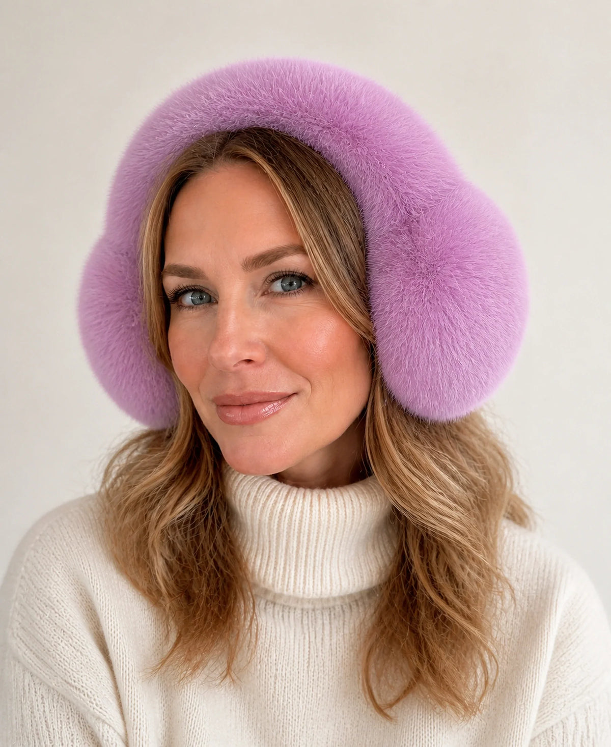 Women's Genuine Fox Fur Earmuffs - Plush Concealed Headband – Color: Lotus Mauve on-model lifestyle image